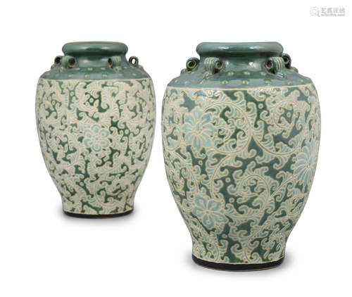 A PAIR BIEN HOA 边和 STONEWARE ‘LOTUS’ JARS VIETNAM, BIEN HO...