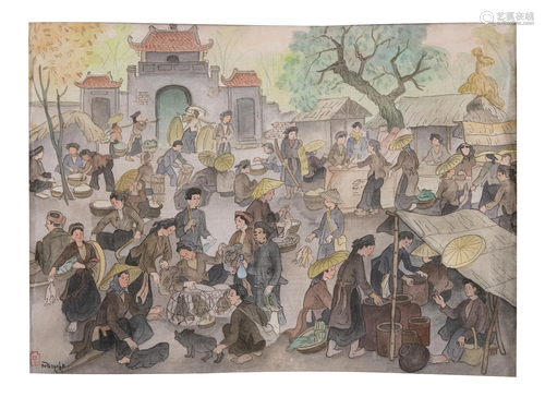 NGUYÊN THẠCH (VIETNAM, ACTIVE 20TH CENTURY) Scène de marché ...