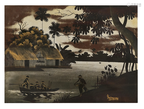 VIETNAMESE SCHOOL (VIETNAM, 20TH CENTURY) View of a fisherma...