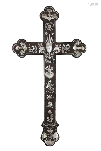 § A MOTHER OF PEARL INLAYS ‘ARMA CHRISTI’ WOODEN APOSTLE CRO...