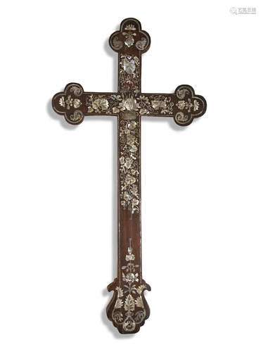 § MOTHER OF PEARL INLAYS WOODEN APOSTLE CROSS POSSIBLY MACAO...