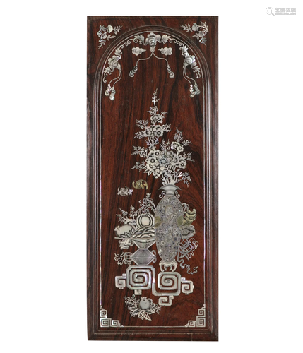 $ A MOTHER-OF-PEARL INLAID ‘AUSPICIOUS FLOWERED VASE’ WOODEN...