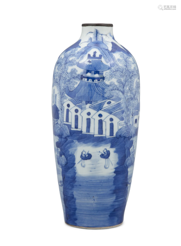 A BLEU DE HUE PORCELAIN VASE OF OVAL BALUSTER SHAPE VIETNAM,...