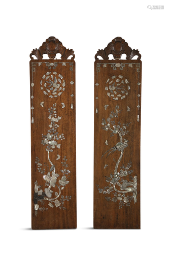 § A PAIR OF MOTHER OF PEARL INLAYS ‘BIRDS AND FLOWERS’ WOODE...