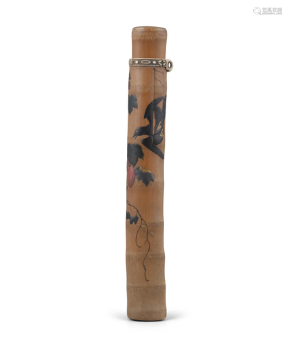 A PARCEL LACQUERED BAMBOO ‘BIRD AND MELON’ PIPE CASE, KISERU...