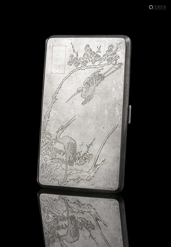 A SILVER ‘CRANE’ CIGARETTE CASE JAPAN, MEIJI PERIOD, CIRCA 1...