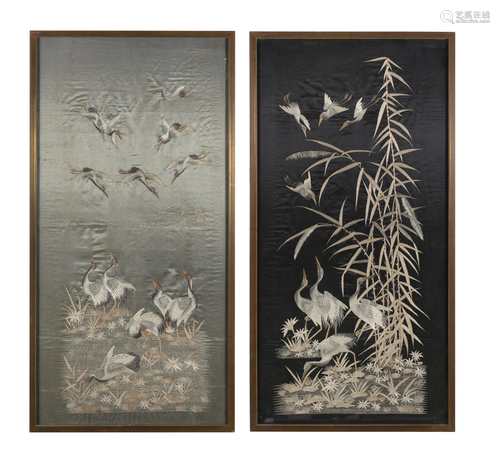 A SUITE OF TWO ‘LOTUS POND AND CRANES’ EMBROIDERIES JAPAN, M...