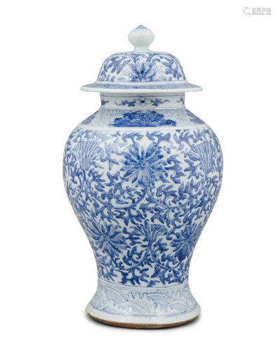 A BLUE AND WHITE PORCELAIN ‘LOTUS’ JAR AND COVER CHINA, LATE...