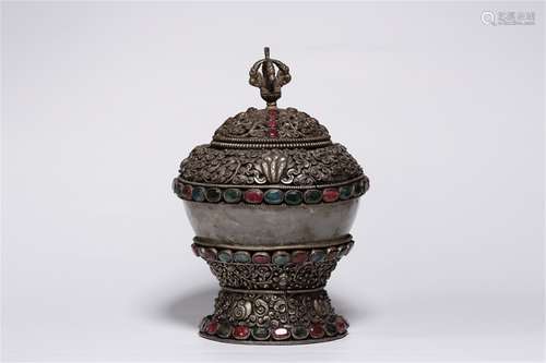 TIBETAN SILVER GABALA BOWL INLAID WITHCRYSTAL AND GEM