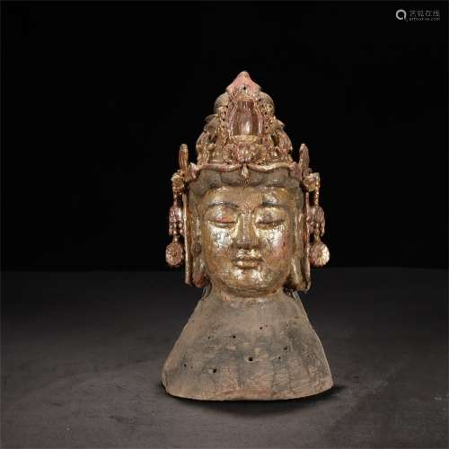 GUANYIN BUDDHA HEAD CARVED IN CAMPHOR WOOD IN OLD TIBET