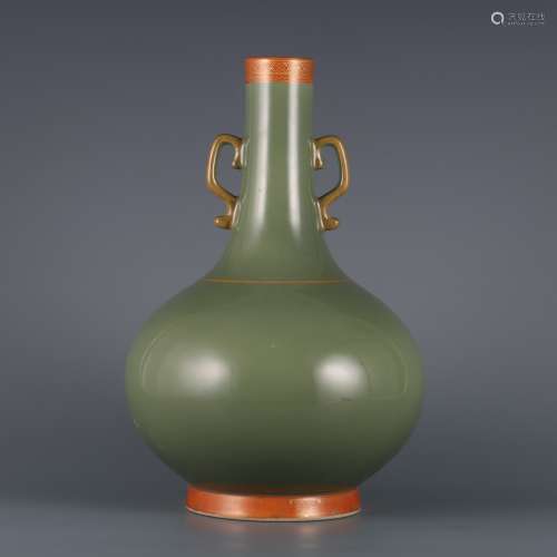 JADE GREEN GLAZED DOUBLE EAR VASE PAINTED WITHGOLD DURING TH...