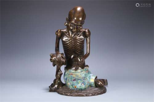 ANCIENT BRONZE CLOISONNE AND BONY ARHAT STATUES IN QING DYNA...