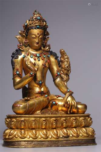 SEATED STATUE OF TARA INLAID IN BRONZE GILDING IN QING DYNAS...