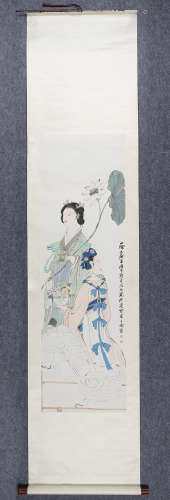 王扆昌(1908-?)　莲花仕女 设色纸本　立轴