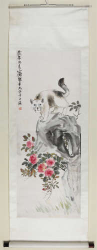 张聿光(1885-1968)　1918年作 牡丹猫石 设色纸本　立轴