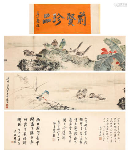 CHINESE INK PAINTING, FLOWER AND BIRD SCROLL BY ZHANG XIONG