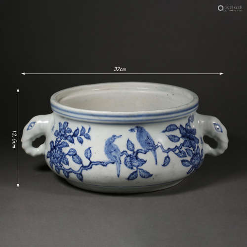QING DYNASTY BLUE AND WHITE FLOWER AND BIRD INCENSE BURNER
