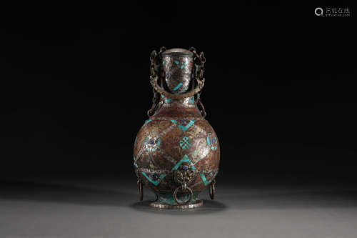 HAN DYNASTY GIRDER BOTTLE INLAID WITH GOLD AND SILVER