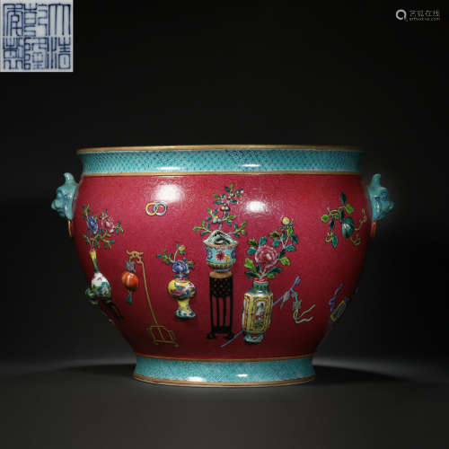 FAMILLE ROSE VAT WITH EIGHT TREASURES, FLOWERS AND BEAST HEA...