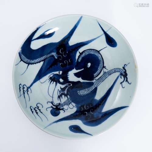 清代青花龙纹盘 A underglaze blue plate with a dragon pattern...