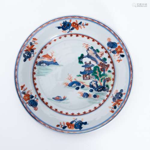 清代青花五彩山水盘 A underglaze blue and famille verte   pla...