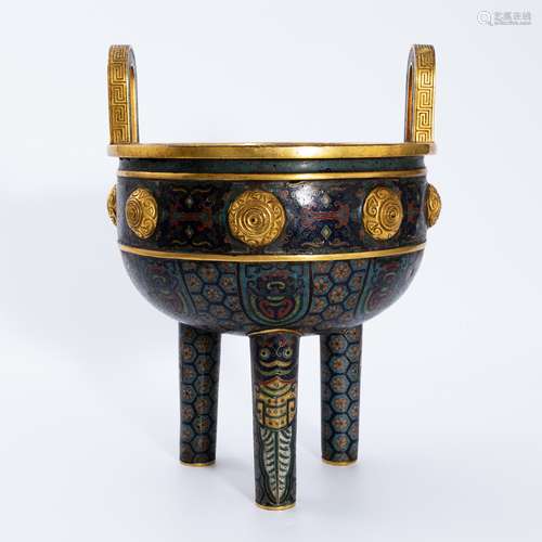 清代铜胎掐丝珐琅兽纹三足鼎 A Bronze Cloisonne Enamel three-l...