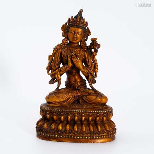 明代铜漆金文殊菩萨造像 A gilt bronze statue of Manjushri in ...