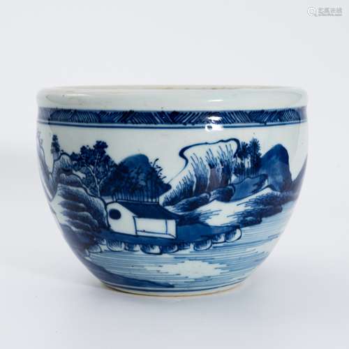 清代青花山水缸 A underglaze blue jar with a landscape patter...