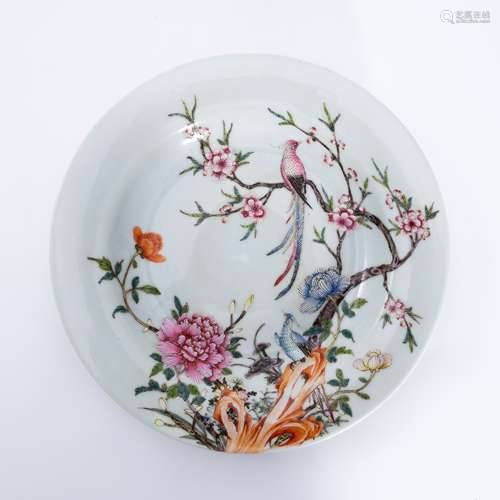 清代咸丰粉彩花鸟盘 A famille rose plate with a flower and bi...