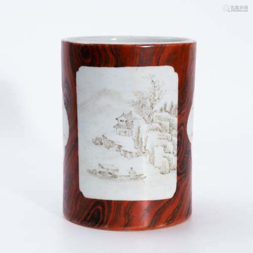 清代墨彩木纹釉笔筒 A ink and wood grain glaze pen holder in ...