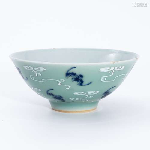 清代豆青釉云蝠碗 A celadon bowl with cloud and bat pattern i...