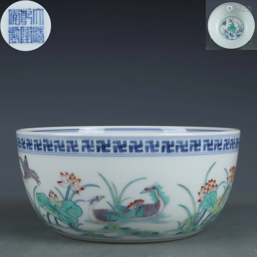A Chinese Doucai Glaze Lotus Pond Bowl Qing Dyn.