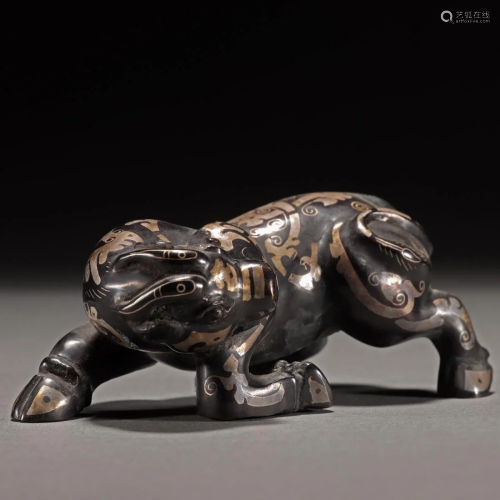 A Chinese Silver Inlaid Bronze Beast Han Dyn.