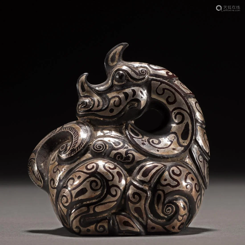 A Chinese Silver Inlaid Bronze Beast Han Dyn.