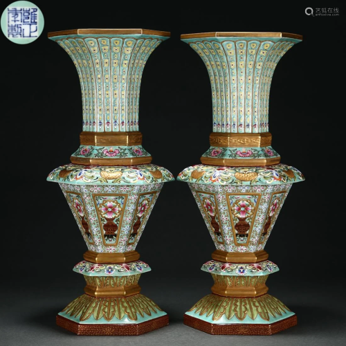 Pair Chinese Famille Rose and Gilt Vases Qing Dyn.