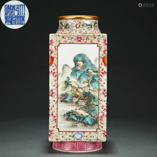 A Chinese Famille Rose Squared Vase Qing Dyn.