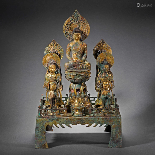 A Chinese Bronze-gilt Seated Buddha with Acolytes Sui Dyn.