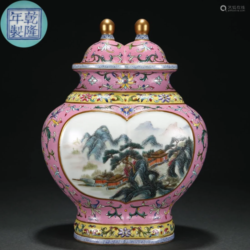 A Chinese Famille Rose Landscape Vase Qing Dyn.