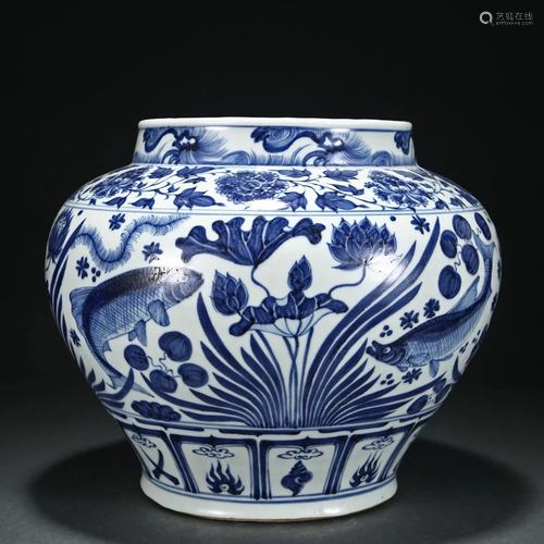 A Chinese Blue and White Lotus Pond Jar Qing Dyn.