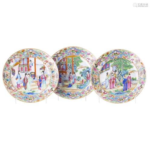 Three Mandarin Chinese Porcelain Plates, Daoguang
