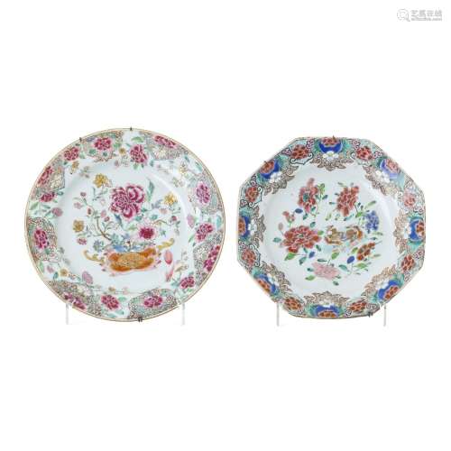 Two Chinese porcelain 'family pink' plates, Yongzheng