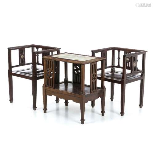 Pair of hongmu armchairs with table, Minguo