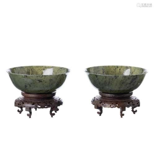 Pair of Chinese spinach jadeite bowls, Republic