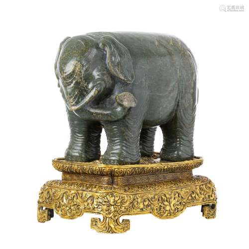 Chinese Green Jade Elephant with Gilt Bronze Pedestal, 18th/...