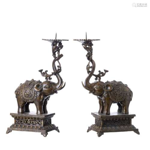 Pair of Chinese bronze 'elephant' candlesticks