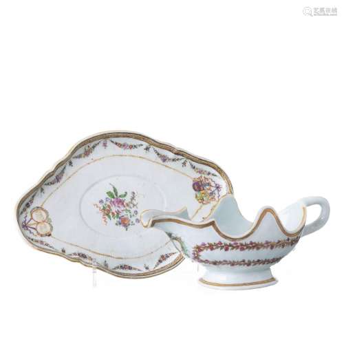 Chinese porcelain Armorial gravy boat and undertray
