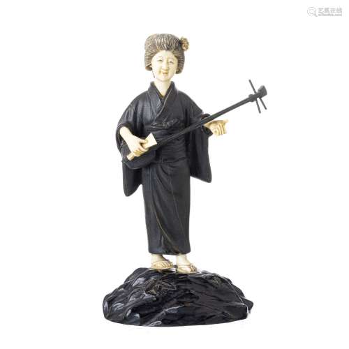 Bronze and Ivory Okimono, Female figure playing shamisen