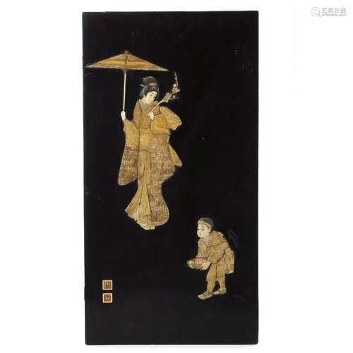 Pair of Japanese wood and bone figural panels