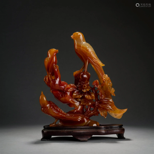 Carved Agate Prunus and Magpie Ornament