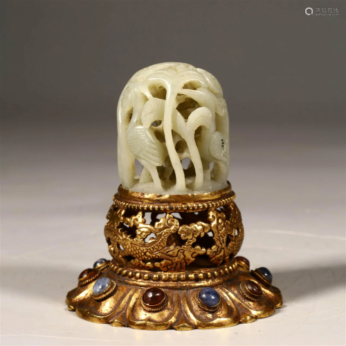 Carved Hetian Jade Finial With Gilt-Bronze Stand